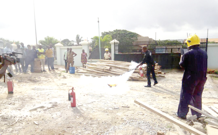 • Some staff of Entrance Pharmaceuticals and Research Centre having a practical session on fire-fighting with the LEKMA Fire Command • Some staff of Entrance Pharmaceuticals and Research Centre having a practical session on fire-fighting with the LEKMA Fire Command